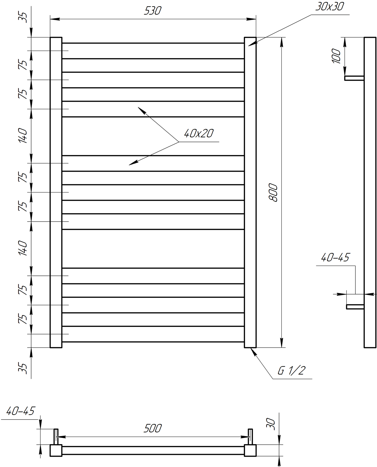 Полотенцесушитель электрический Genesis Aqua Tristar flat 80x53 см Черный (GA-5004)