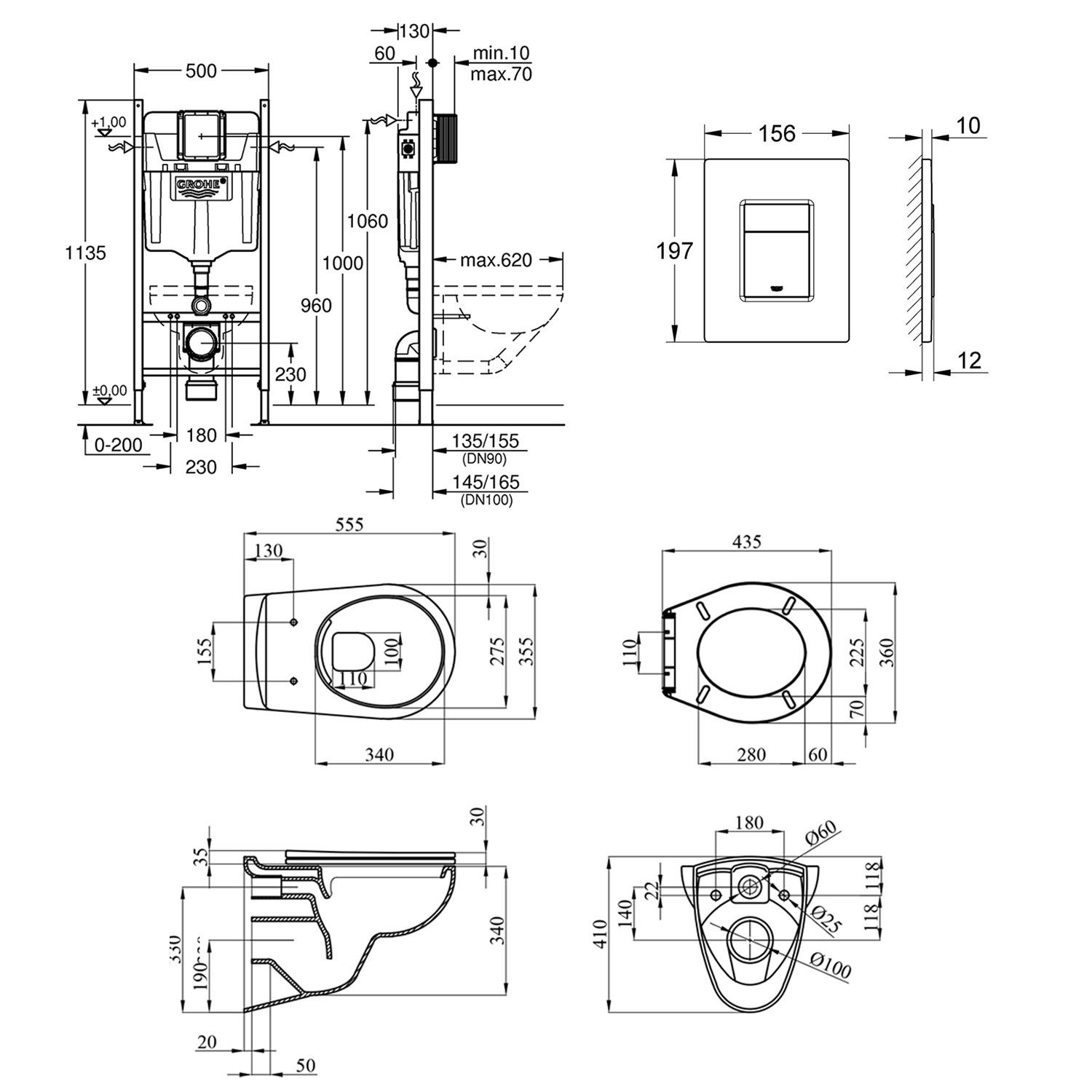 Комплект 4 в 1: Інсталяція GROHE Rapid SL 3 в 1 3884966Q + Унітаз безободковий Kroner Oker WHI533536 RIMLESS з сидінням Slim Duroplast / Soft-close / Quick relase KO533536WHIR (3884966KO533536)