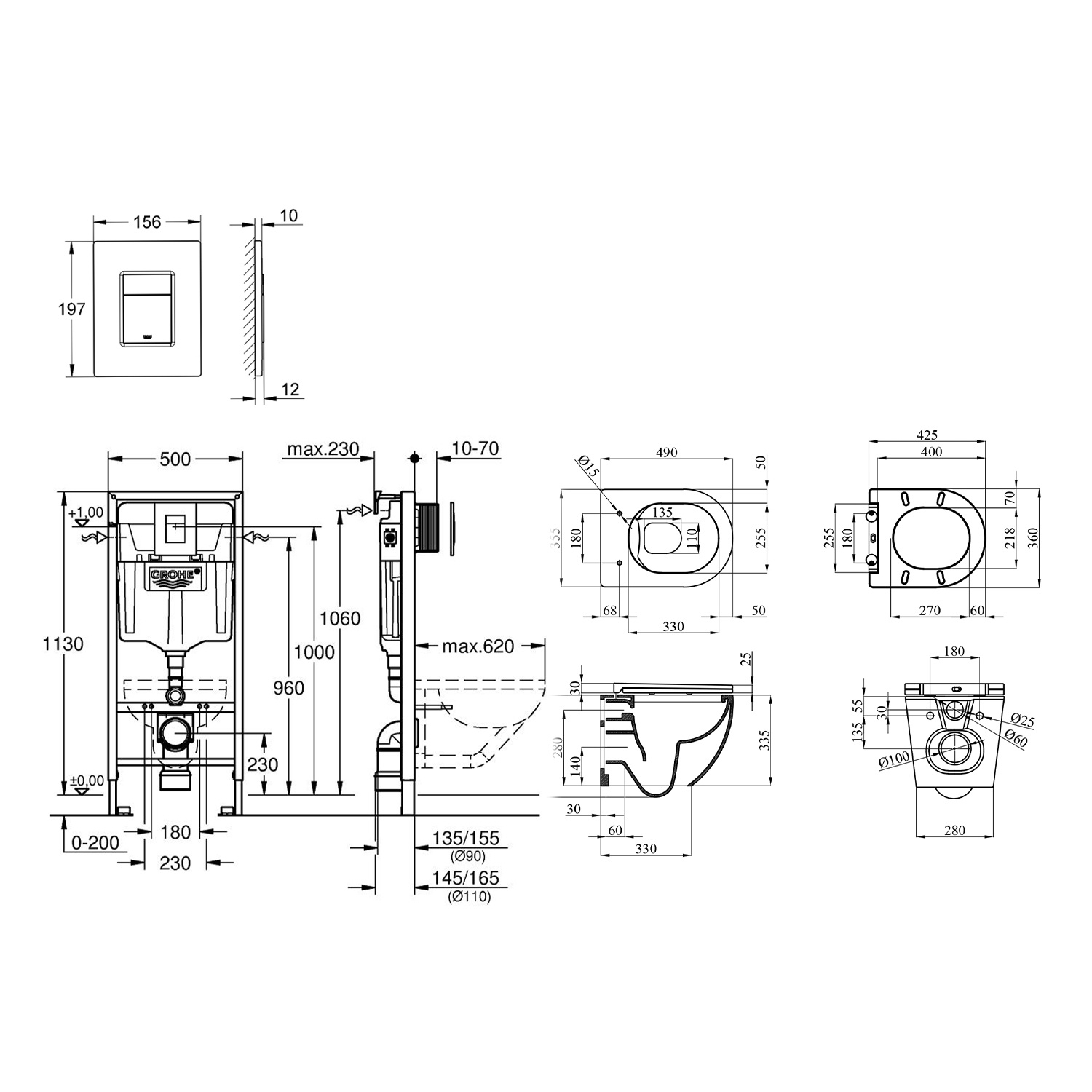 Комплект 4 в 1: Инсталляция Grohe Rapid SL 3 в 1 38772001 + Унитаз безободковый Kroner Harz WHI493736 RIMLESS с сиденьем Slim Duroplast / Soft-close / Quick relase KH493736WHIR (38772001KH493736)