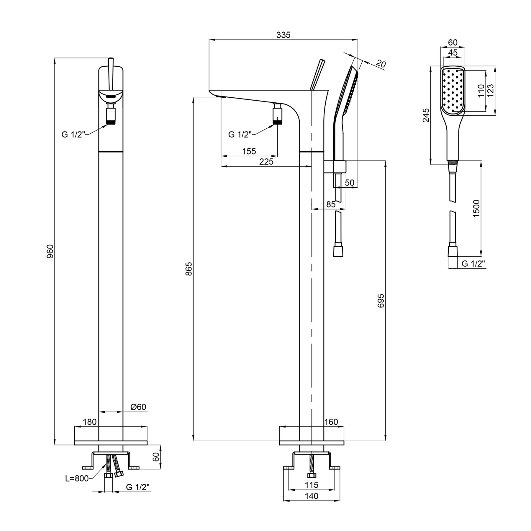 Смеситель для ванны Qtap Podlaha напольный (c душевым гарнитуром) QT19103VDC Chrome