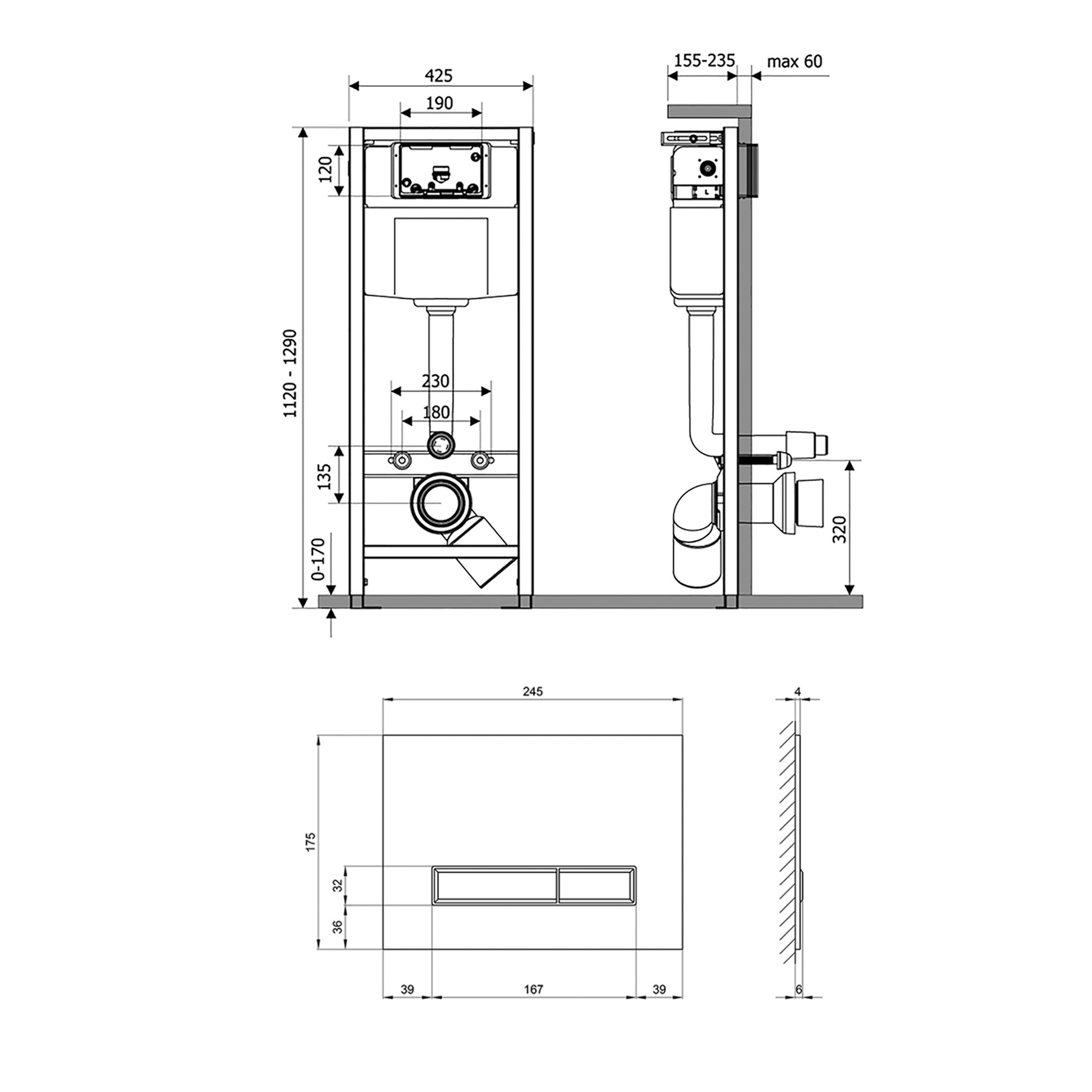 Набор инсталляция 4 в 1 Qtap Nest ST с линейной панелью смыва QT0133M425V1107GB