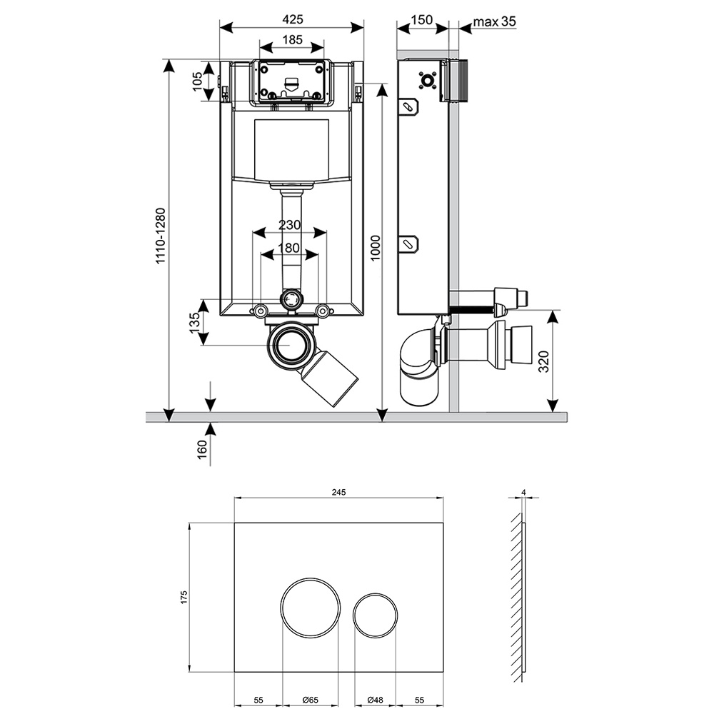 Набор инсталляция 4 в 1 Qtap Nest ST с круглой панелью смыва QT0133M425V1164GW