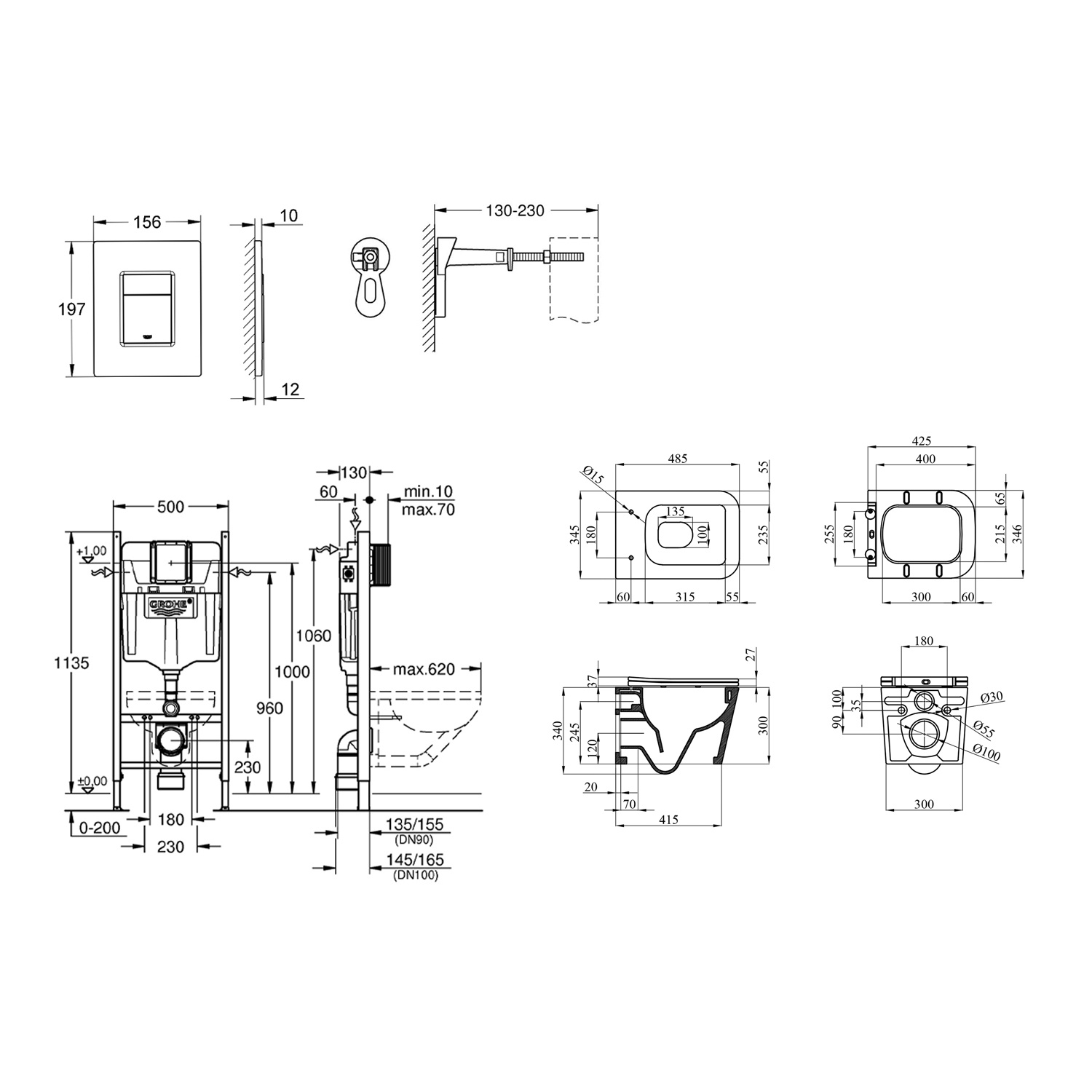 Комплект 4 в 1: Инсталяция GROHE Rapid SL 3 в 1 3884966Q + Унитаз безободковый Kroner Eifel WHI483429 TORNADO с сиденьем Slim Duroplast / Soft-close / Quick relase KE483429WHIT (3884966KE483429)