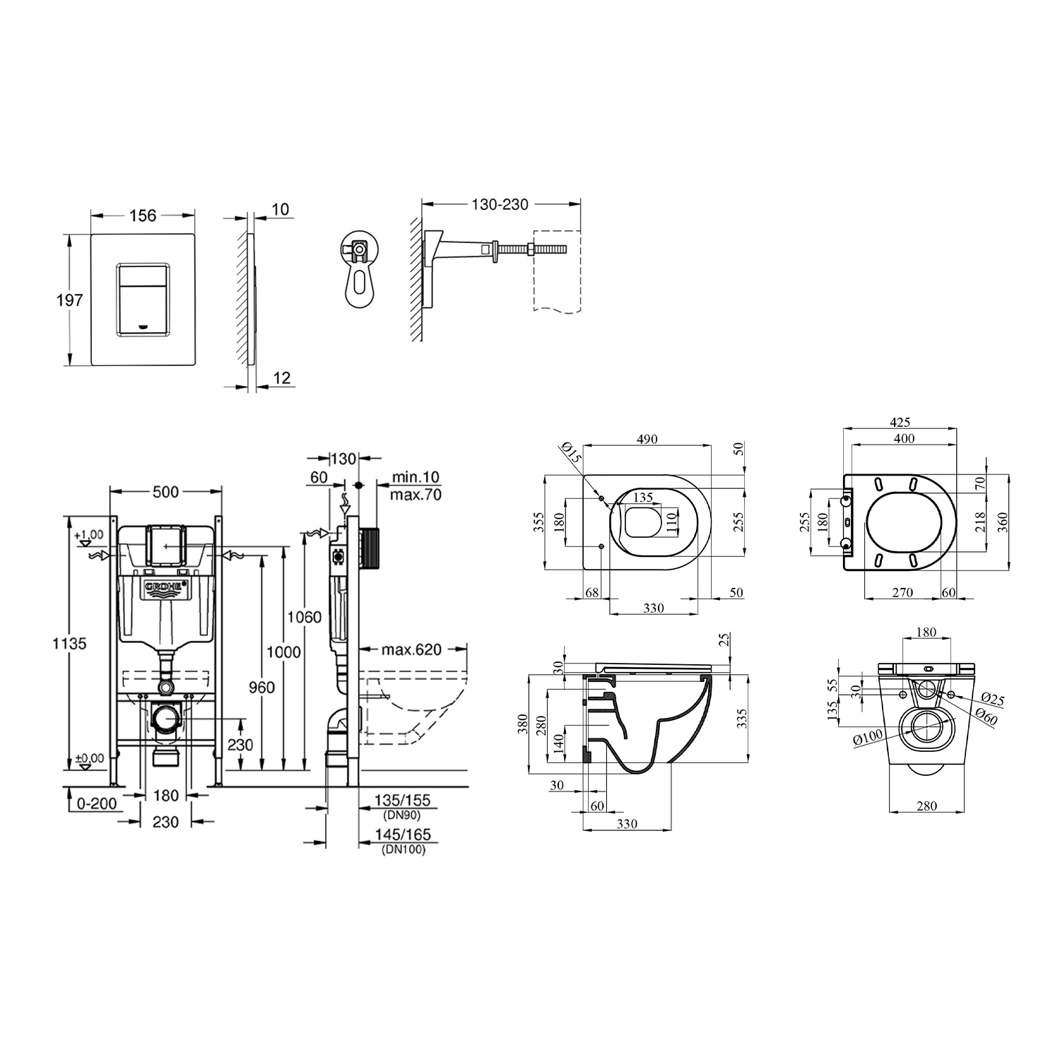 Комплект 4 в 1: Инсталяция GROHE Rapid SL 3 в 1 3884966Q + Унитаз безободковый Kroner Harz WHI493736 RIMLESS с сиденьем Slim Duroplast / Soft-close / Quick relase KH493736WHIR (3884966KH493736)