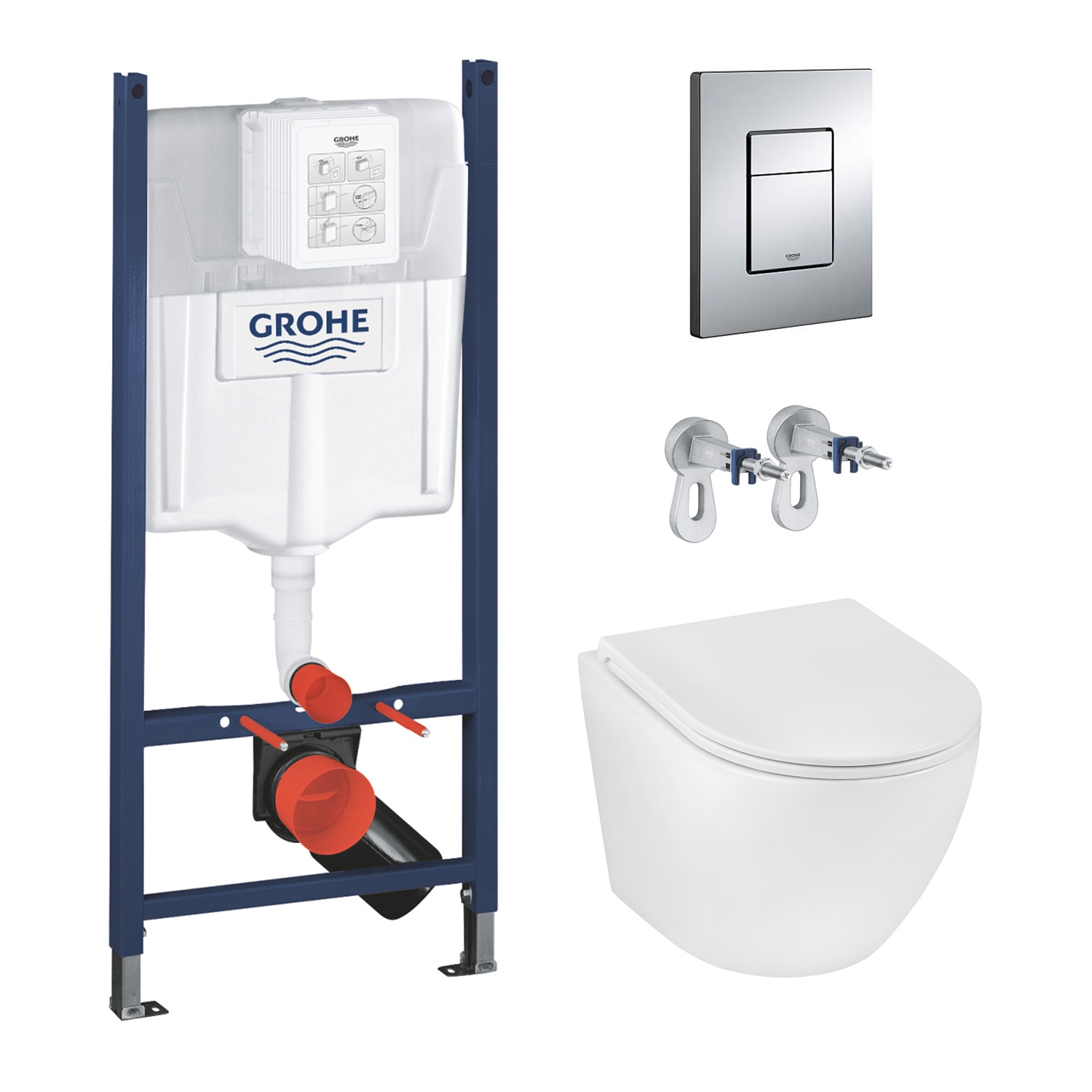 Комплект 4 в 1: Инсталяция GROHE Rapid SL 3 в 1 3884966Q + Унитаз безободковый Kroner Harz WHI493736 RIMLESS с сиденьем Slim Duroplast / Soft-close / Quick relase KH493736WHIR (3884966KH493736)