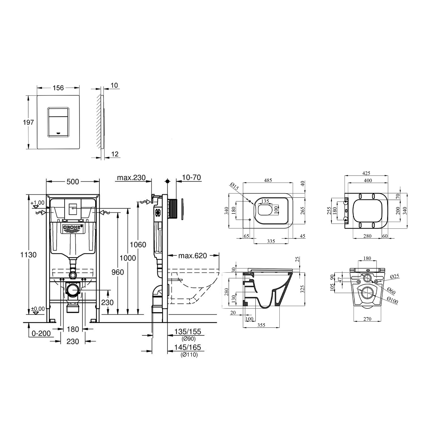 Комплект 4 в 1: Инсталяция Grohe Rapid SL 3 в 1 38772001 + Унитаз безободковый Kroner Eifel WHI493436 RIMLESS с сиденьем Slim Duroplast / Soft-close / Quick relase KE493436WHIR (38772001KE493436)