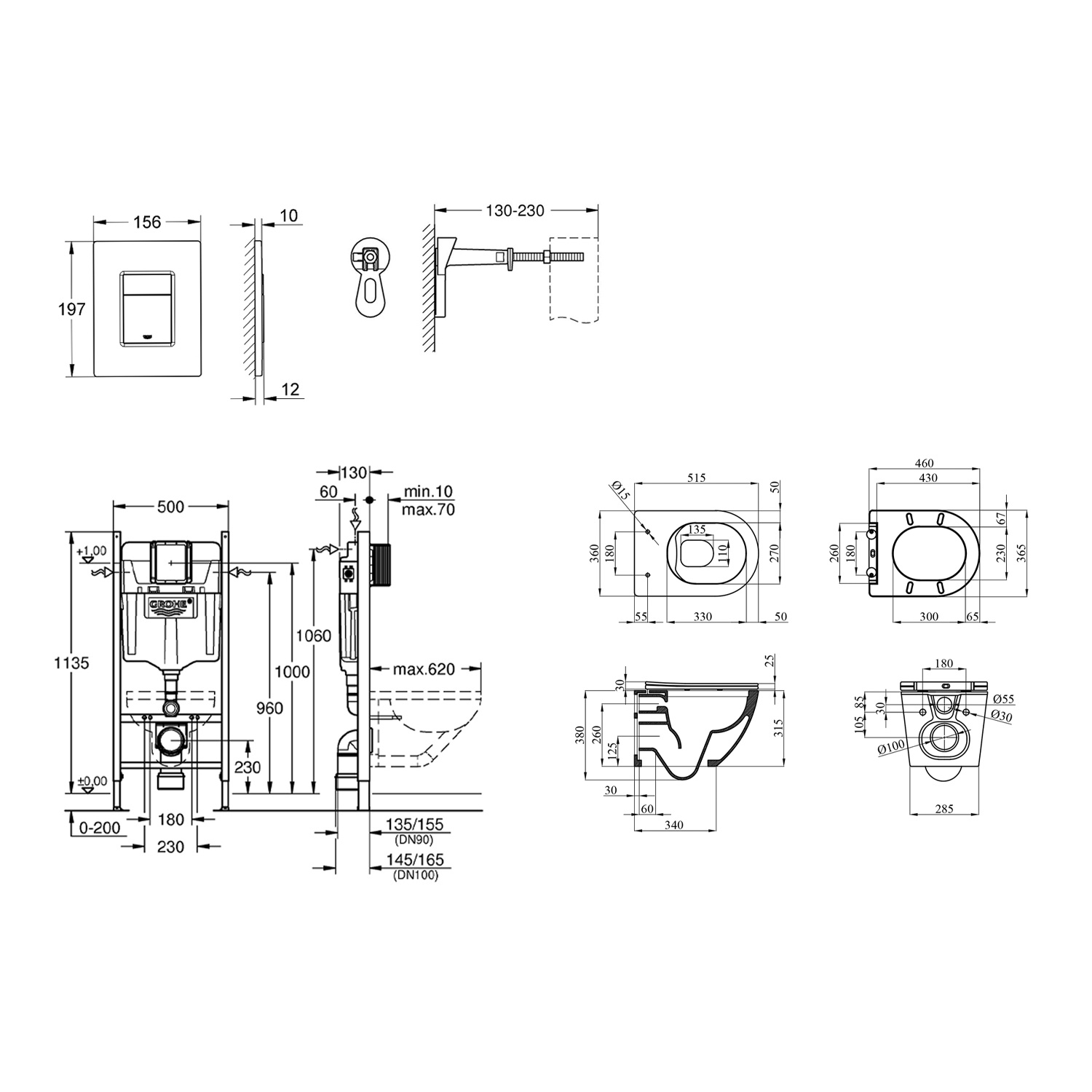 Комплект 4 в 1: Инсталяция GROHE Rapid SL 3 в 1 3884966Q + Унитаз безободковый Kroner Harz WHI523632 RIMLESS с сиденьем Slim Duroplast / Soft-close / Quick relase KH523632WHIR (3884966KH523632)