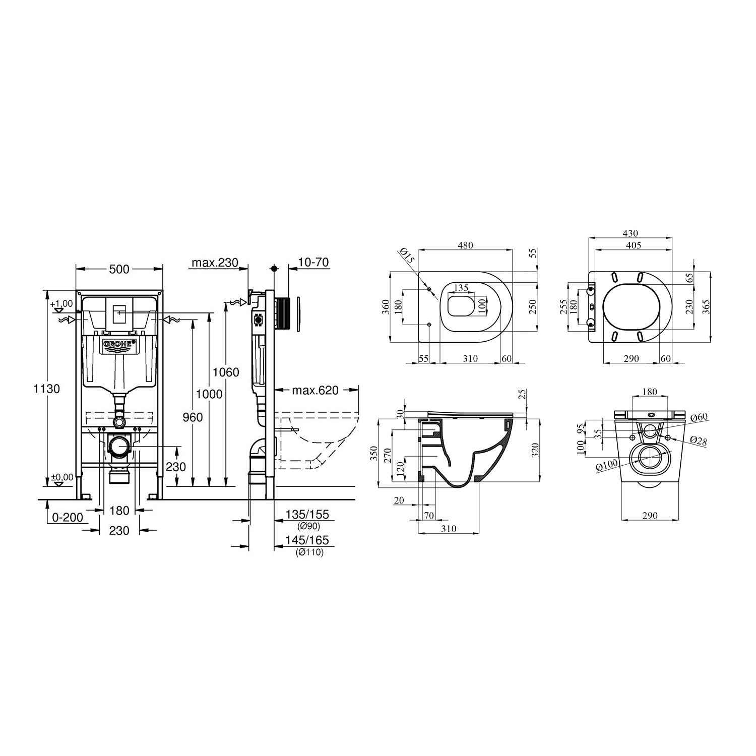 Комплект 4 в 1: Инсталляция Grohe Rapid SL 3 в 1 38772001 + Унитаз безободковый Kroner Harz WHI483632 TORNADO с сиденьем Slim Duroplast / Soft-close / Quick relase KH483632WHIT (38772001KH483632)